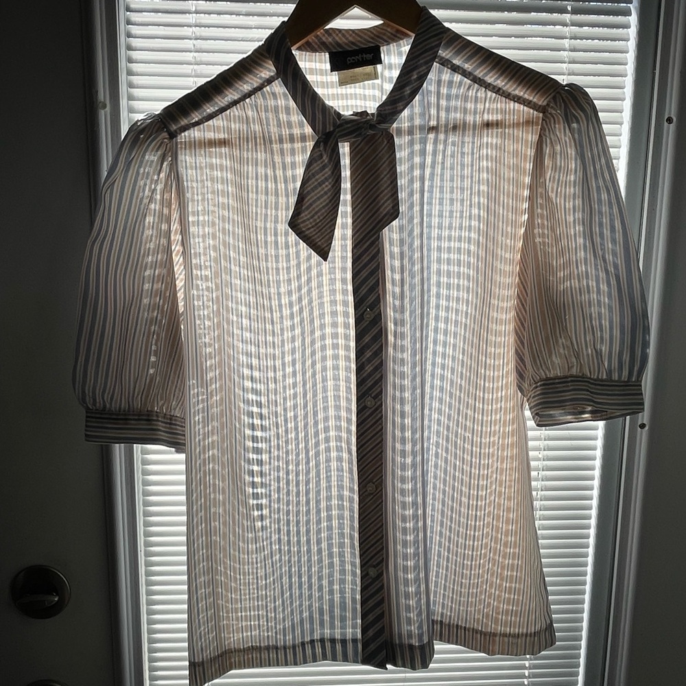Vintage Panther Brand Shirt Size 11/12 Striped Button Down Short Sleeve Tie Neck